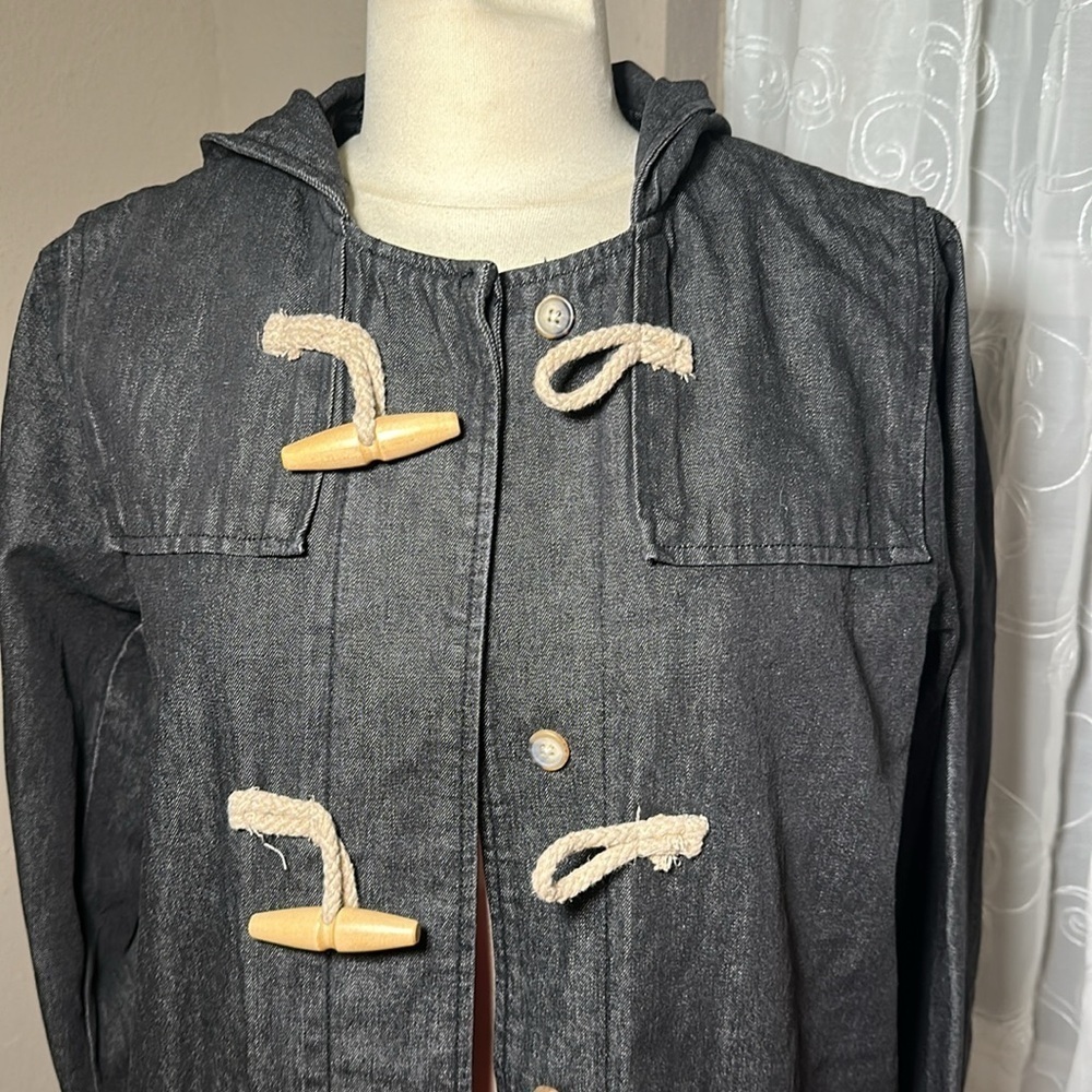 Denim & Co Lined Charcoal Denim Utility Hooded Coat Toggle Button Closure M NEW - Picture 10 of 16